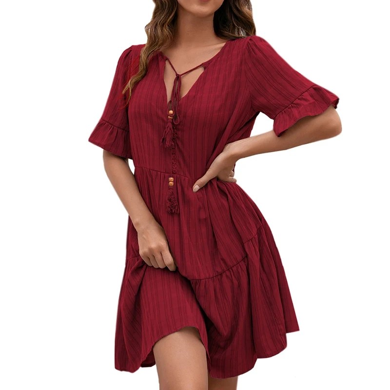 

Summer Short Sleeve Casual Loose Tassel Dress Female V Neck Beach Women Solid Color Dress