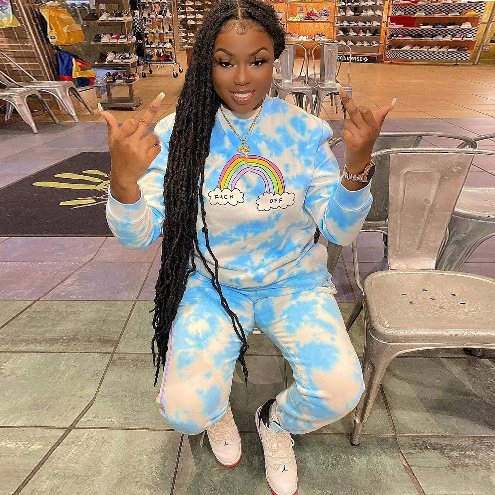

Womens Tracksuit Rainbow Cloud Printed Workout Matching Sets Outfits Long Sleeve Pullover Loose Jogger Sweatpant Two Piece Suits