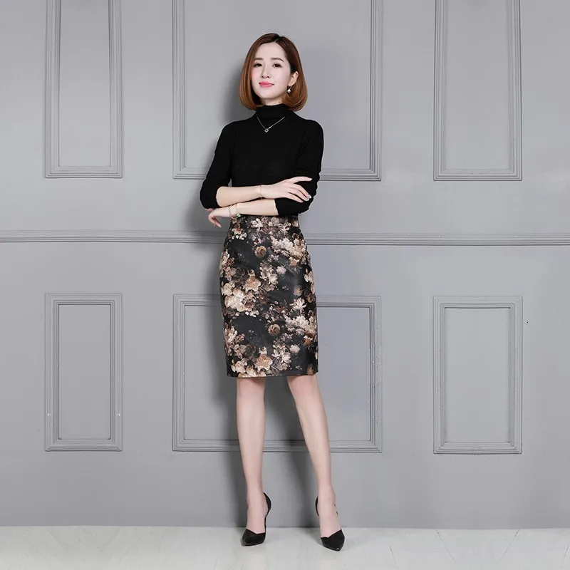 

Top Quality Women Sexy A Line Wrap Skirt Elegant Lady High Waist Floral Printed Vintage Luxury Sheepskin Genuine Leather Skirts