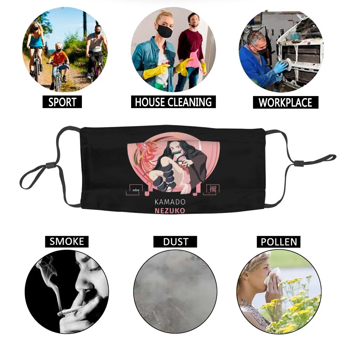 

Nezuko Unisex Reusable Face Mask Demon Slayer Kimetsu No Yaiba Dustproof Protection Cover Respirator
