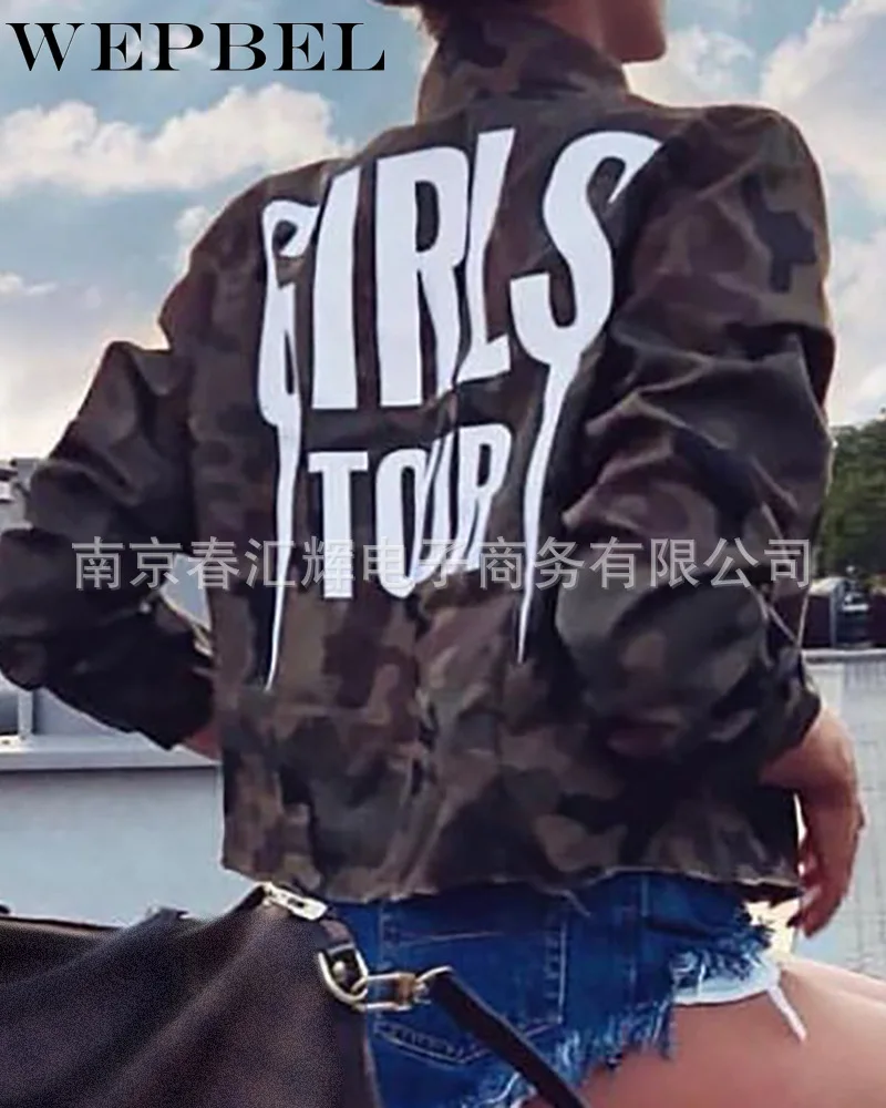 

WEPBEL Women Autumn Motorcycle Jackets Female Camouflage Fall Jackets for Women Long Sleeve Stand Collar Coat Bomber Outerwear