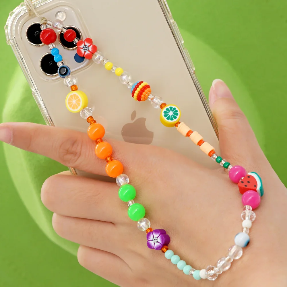 

Ins Simple Style Devil Eye Color Lemon Watermelon Flower Transparent Round Beads Mobile Phone Chain Women's Lanyard Jewelry Gift