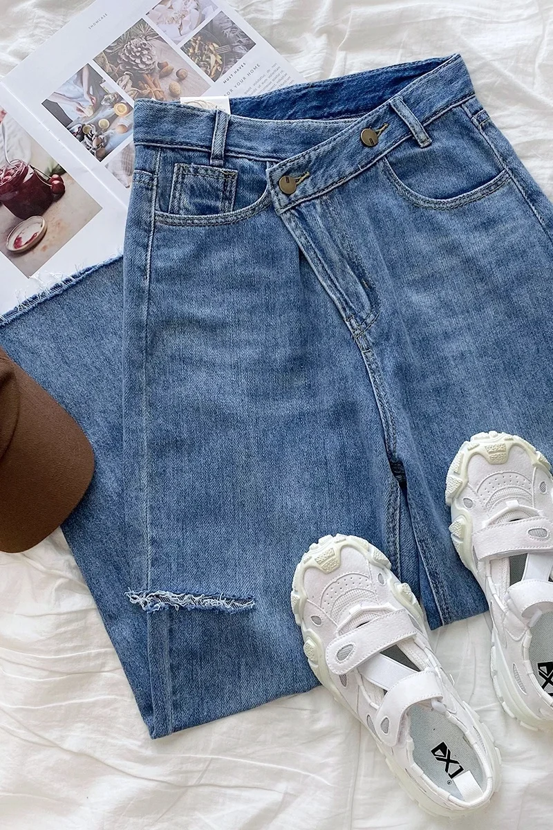 

Oblique Button Up Ripped Hole Jeans Women Vintage Summer Autumn High Waist Blue Denim Jeans Pant