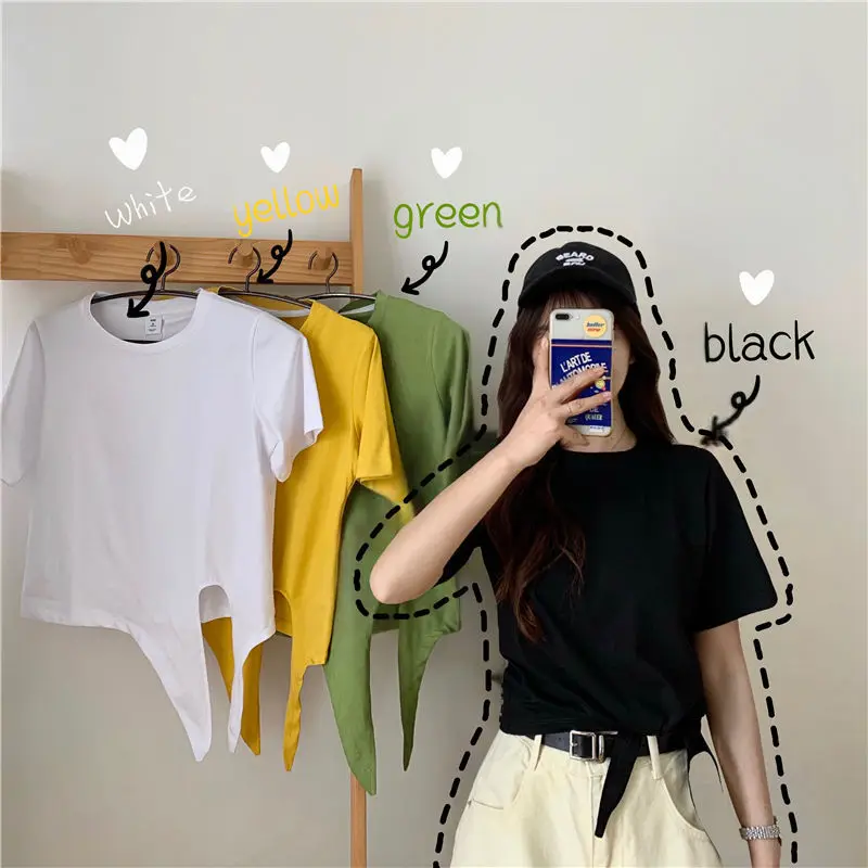 

Casual Bottoming Shirt Women Summer Korean Fashion High-waist Short Short-sleeved Solid Color T-shirt Womens Blouses and Tops