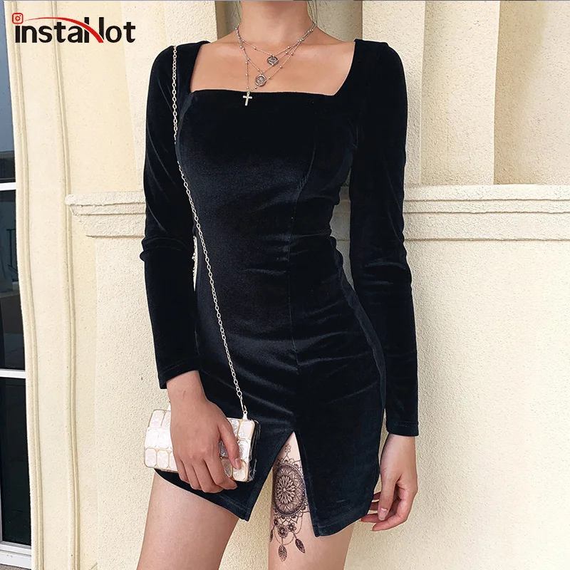 Женское бархатное платье InstaHot Осеннее Элегантное Черное мини с разрезом и