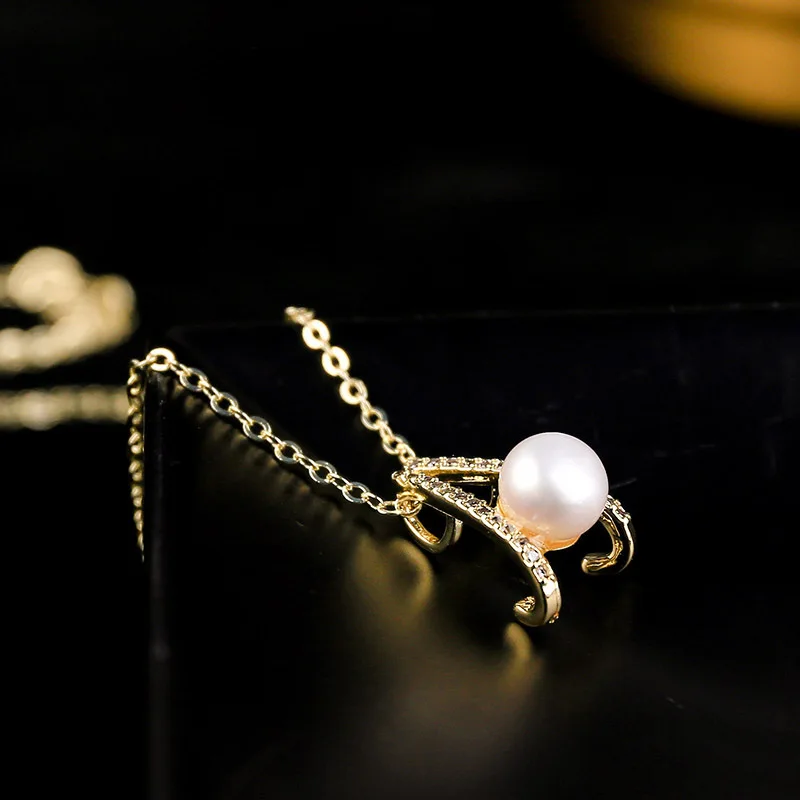 

Fashion Micro Zirconia A shape Pendant Necklace Women Simple Freshwater Pearl Wedding Engagement Necklace Chains Choker XL021