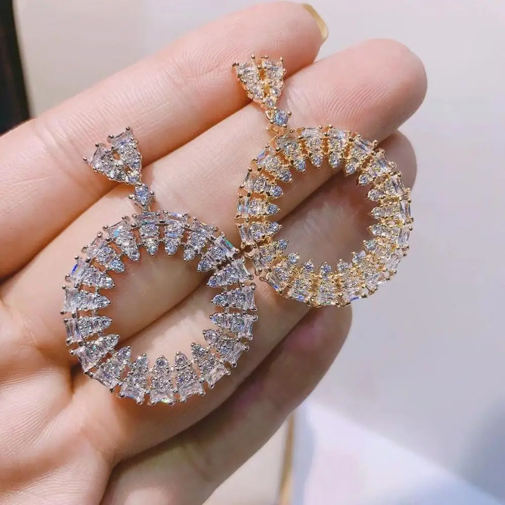 

HIBRIDE Luxury Trendy Geometry Design Full Mirco Paved Crystal Zircon Naija Wedding Drop Earring Fashion Jewelry Bijoux E-749