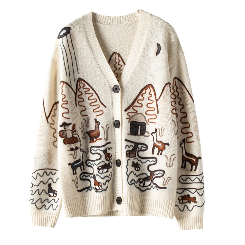 

2020 Women Cardigans Long Sleeve Oversized Knitting Sweater Jacket Casual Mountain Embroidery Casual Sweater Coat Winter