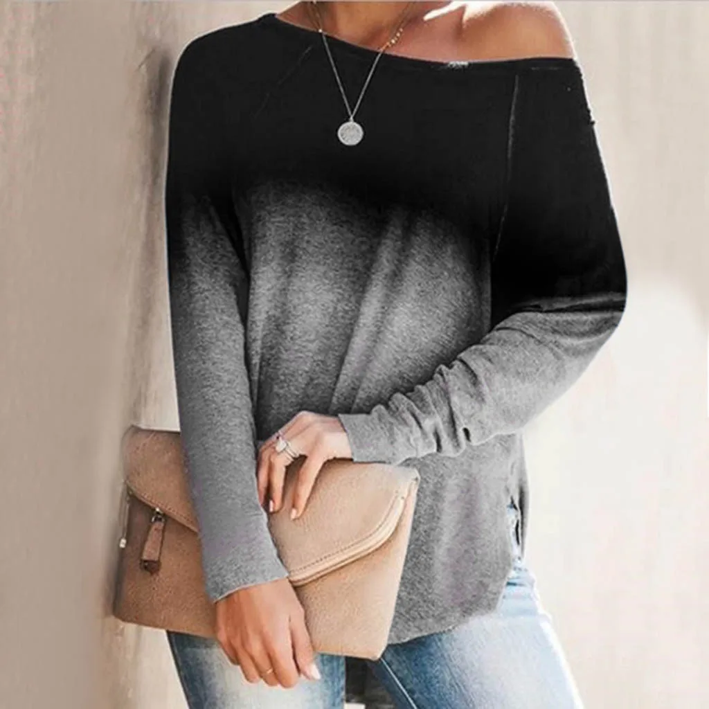 

Autumn Long Sleeve T Shirt Women Gradual Change Elements O-neck Off Shoulder Tee Shirt Femme