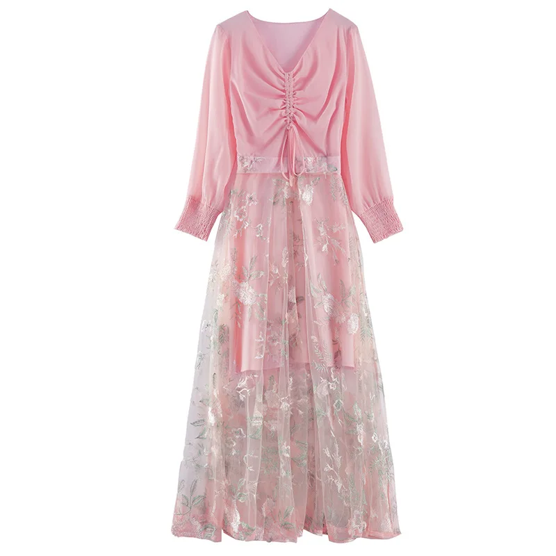 

Long sleeve chiffon mesh stitching embroidered dress 2020 autumn new Korean slim plus size long fairy dress