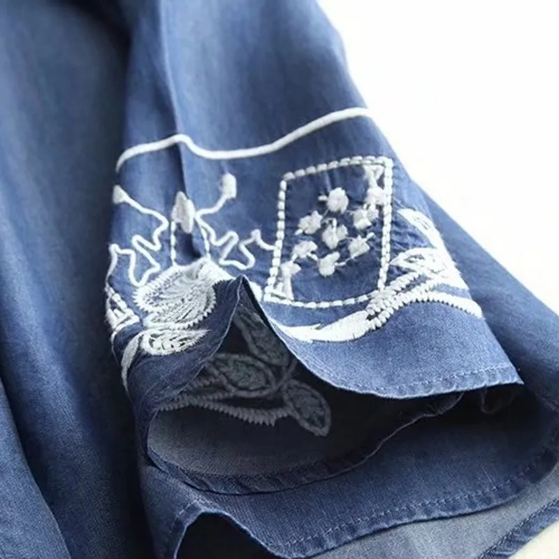 2020 New Embroidery Flower Denim Long Sleeve Shirts for Women Spring Fall Vintage Single Breasted Loose Fit Blouse Womens Tops | Женская