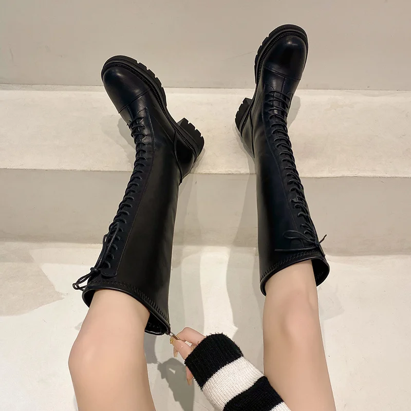 

Zip Women Leather Knee High Boots Women's Buckle Long Knight Boots Female Combat Boots Women Low Heels Shoes