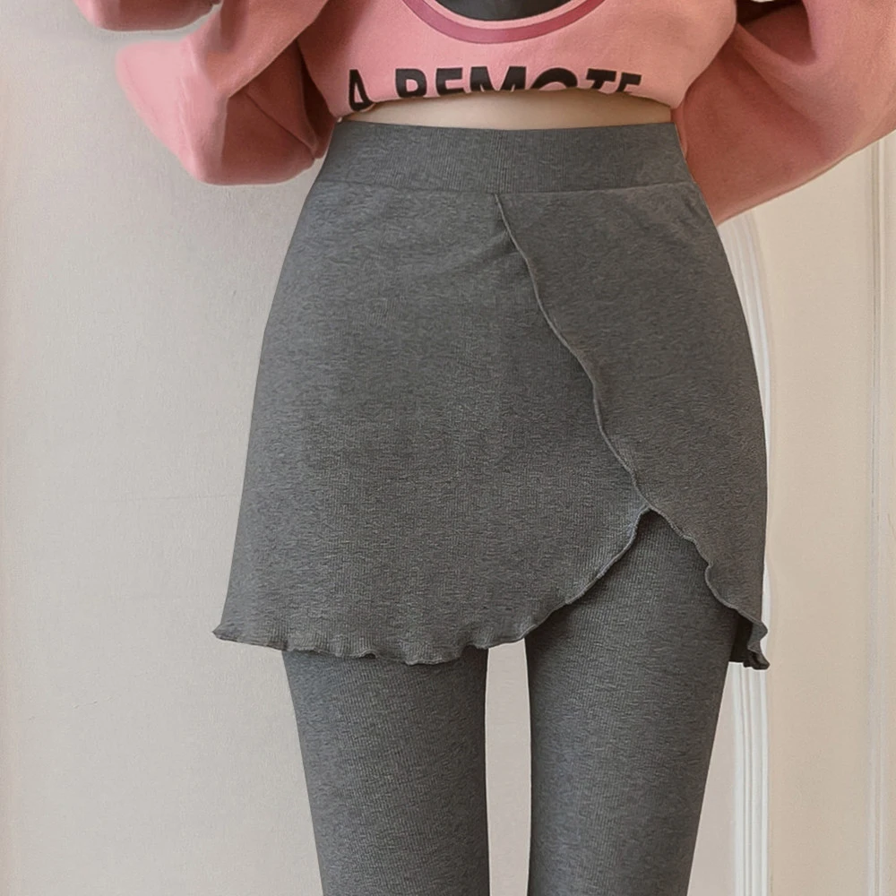 2021 Autumn Winter Leggings Women Fake Two Pieces Ruffles Skirt and Leggings Thicken Velevt Warm Soft Casual Pants High Quality