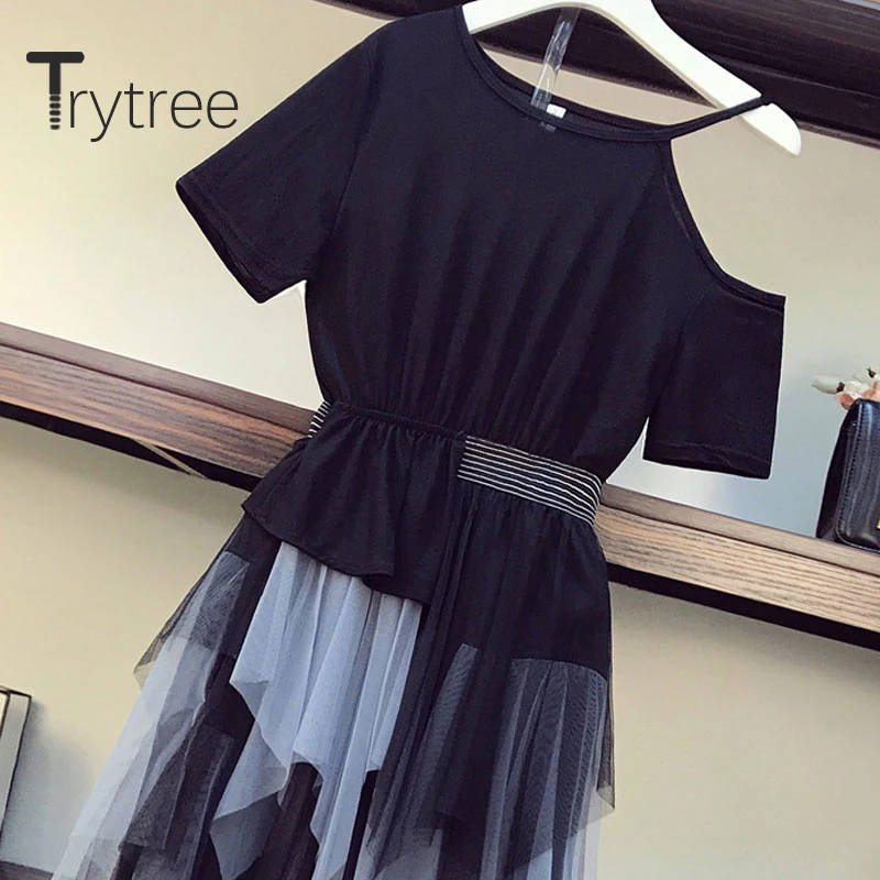 Летнее повседневное женское платье Trytree 2020 Сетчатое лоскутное с круглым вырезом