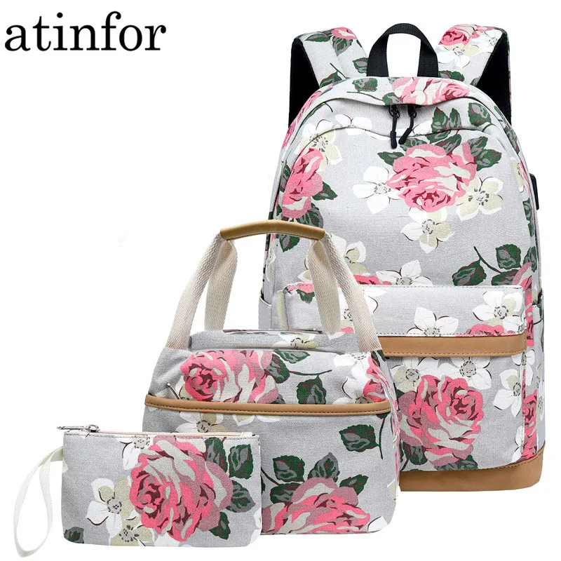 Atinfor бренд 3 шт./компл. с цветочным принтом школьные рюкзаки для девочек-подростков школьные сумки Легкий Рюкзак Путешествия Плюшевые набор