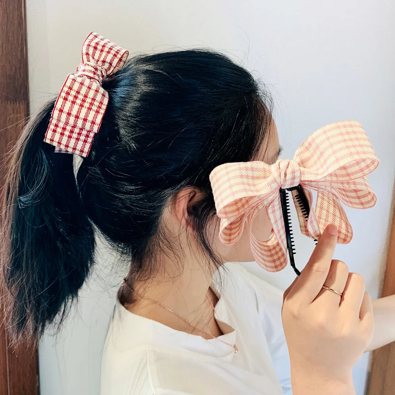 

Korean Ribbon Plaid Fabric Bow Hairpins Banana Hair Clip Claws Pearl Cloth Bowknot Hairgrips Women Girls Hair Accessories