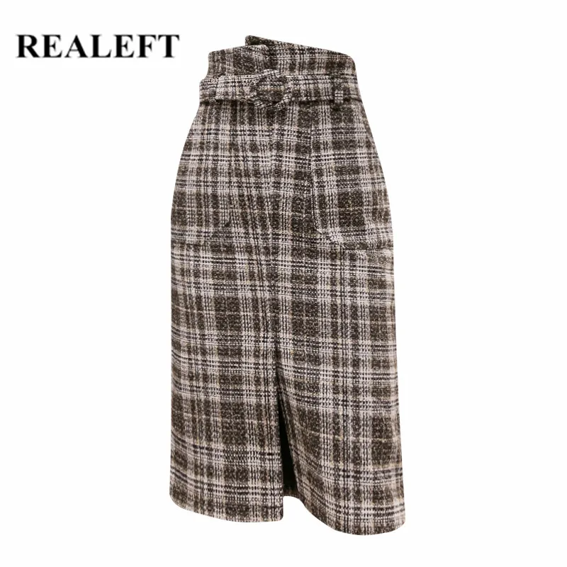 REALEFT осень-зима 2019 новые Юбки миди с высокой талией винтажные Клетчатые Шерстяные