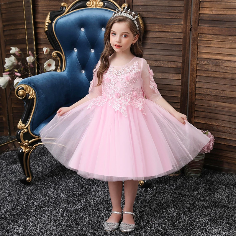 

New Princess Flower Girl Wedding Dress 2021 AppliquedTulle Knee-Length Pageant Dresses For Children Dress Ball Gown Prom Party