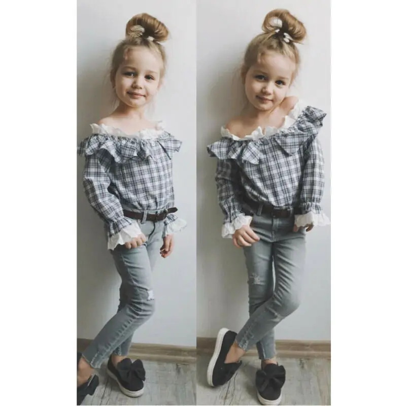 Girls Clothes 2 3 4 5 6 7 Years Sweet Lace Ruffle Long Sleeve Plaids Shirt Tops Jeans Pants Outfits 2pcs set Kids Baby Clothing