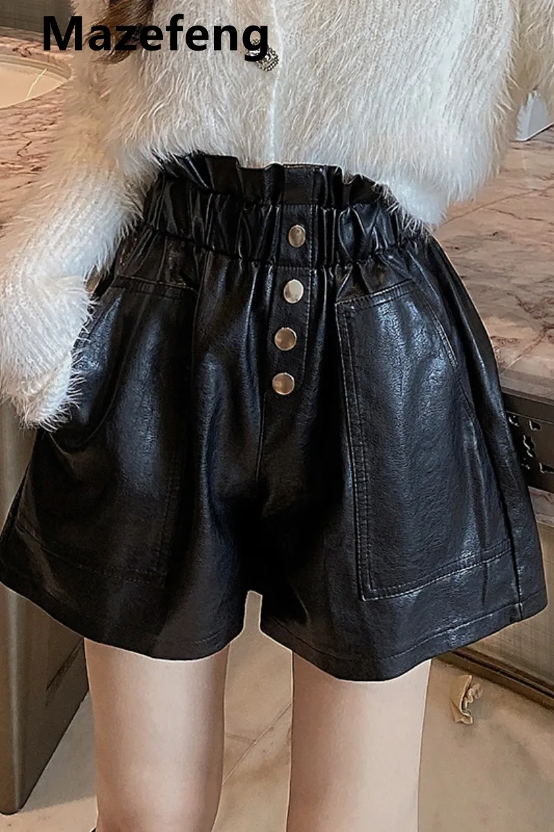 

GOOHOJIO Women Shorts PU Leather Womens Shorts Solid High Waist Shorts All Match Black Short Pants Fashion Leisure Trousers 2021