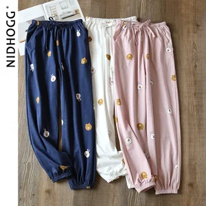 Штаны пижамные женские из 100% хлопка, тонкие, с эластичным поясом, с мультяшным принтом, штаны для сна