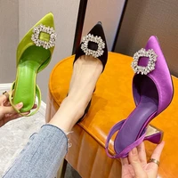 women sandals fashion brand crystal buckle designer shoes high heel pointed toe slip on slingback pumps ladies dress sandals
