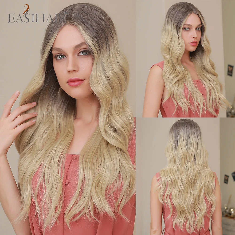 

EASIHAIR Ombre Ash Black Blonde Long Wavy Synthetic Lace Front Wigs for Women Middle Part Heat Resistant Daily Party Cosplay