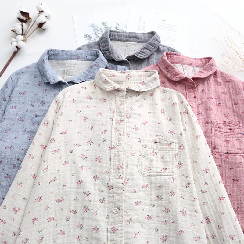 

Double Layer Cotton Linen Shirts Women Blouses Turn Down Collar Printed Student Clothes Ladies Casual Tops