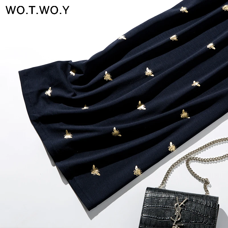 WOTWOY Bee Print Long Knee-Length Shirt Dresses Women Casual Turn-down Polo Straight Dress Female Pockets Cotton Clothes