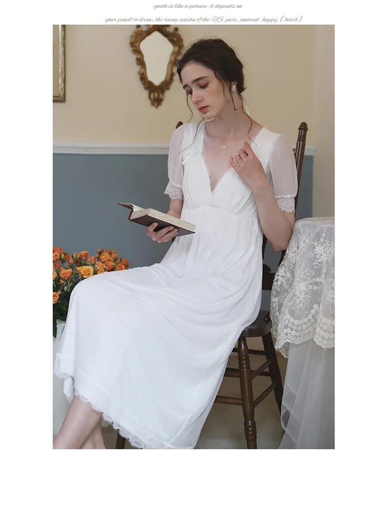 

Mesh Nightdress Women's 2021 Spring/Summer Sexy V-neck Princess Style Nightgown Short Sleeve Modal Thin Homewear Sleeping Dress