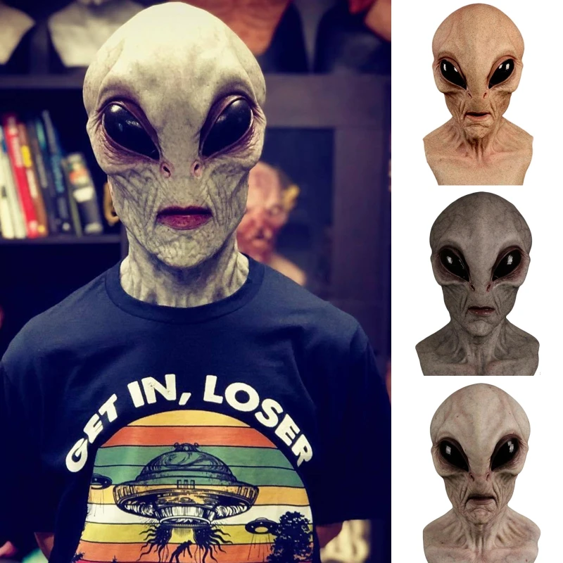 

Halloween Full Head Latex Mask Creppy Big Eyes Extraterrestrial Doll Headgear Novelty UFO Cosplay Costume Party Props