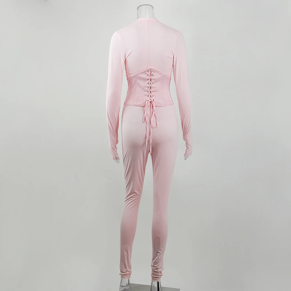 

JillPeri Fashion Women Solid Long Sleeve Jumpsuit and Corset Two Piece Set Stretch Bodycon Sexy Street Wear Sets Pink Jumpsuit