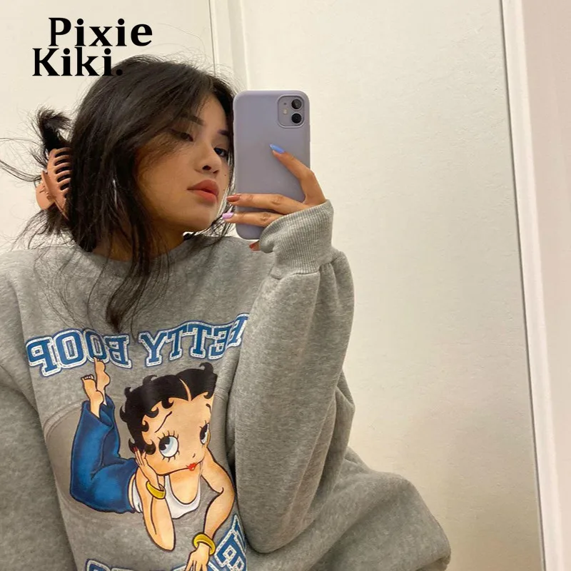 

Толстовка PixieKiki с мультяшным принтом и круглым вырезом, пуловер с флисовой подкладкой, женские толстые толстовки большого размера для девуш...
