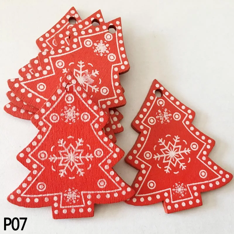 P07 10 шт., 5 см, белые, красные, деревянные рождественские украшения, звезда, сердце, Рождественская елка, подвесные Подвески для нового года, Рождества, украшения для дома, вечерние - Цвет: P07