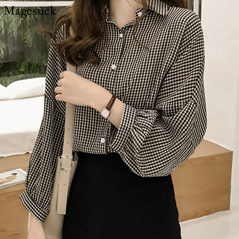 

2021 Autumn Spring Plaid Shirt Korean Puff Sleeve Women Tops Blouse Women Plus Size Office Lady Blouse 4XL Clothes Blusa 8809 50