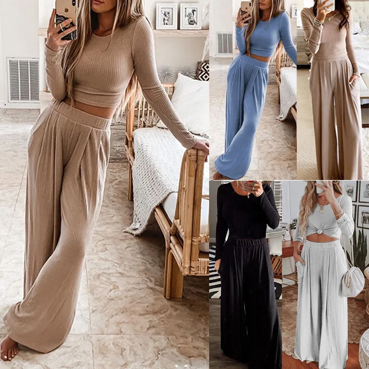 

Jumpsuit Women's Two Piece Set Round Neck Long Sleeve Wide Leg Solid Color Casual Loose Pants Spring Summer Autumn Jumpsuit