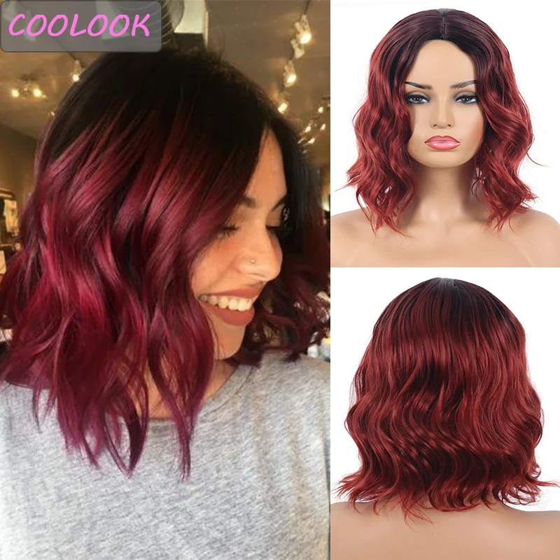 

16''long Wavy Hair Wig for Afro Women Ombre Red Natural Wave Wig Middle Part Heat Resistant Synthetic Fibre Fake Hair Lolita Wig