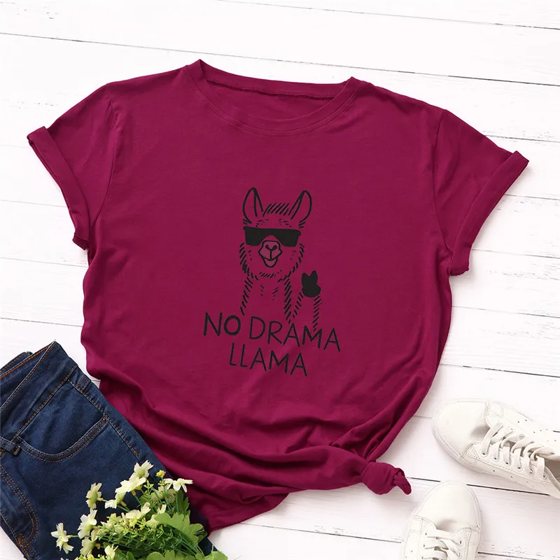 

100% Cotton Casual TopsPlus Size TShirts S-5XL Fashion Alpaca Print T Shirt Women Shirts O Neck Short Sleeve Tees Summer TShirt