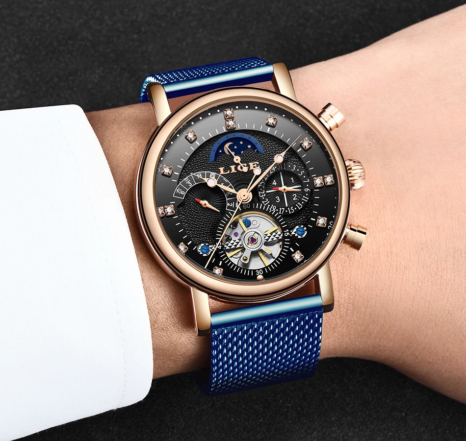 Бренд lige Tourbillon модные часы в деловом стиле автоматические механические часы мужские повседневные Водонепроницаемые кожаные часы Relogio Masculino