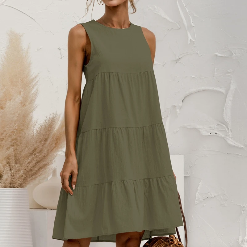 

Женские летние однотонные Цвет платье без рукавов с О-образным вырезом на шее, повседневное свободное шить большие качели платье без рукаво...
