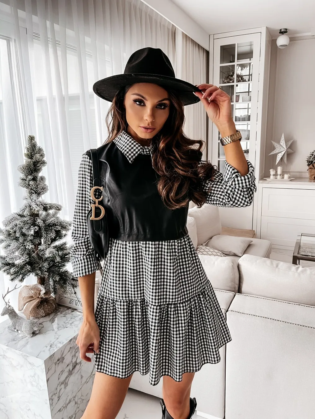 

Women's Casual Long Sleeve Mini Shirt Dress White 2021 Fall PU Leather Patchwork Check Women's Dress Clothing Women's Robe
