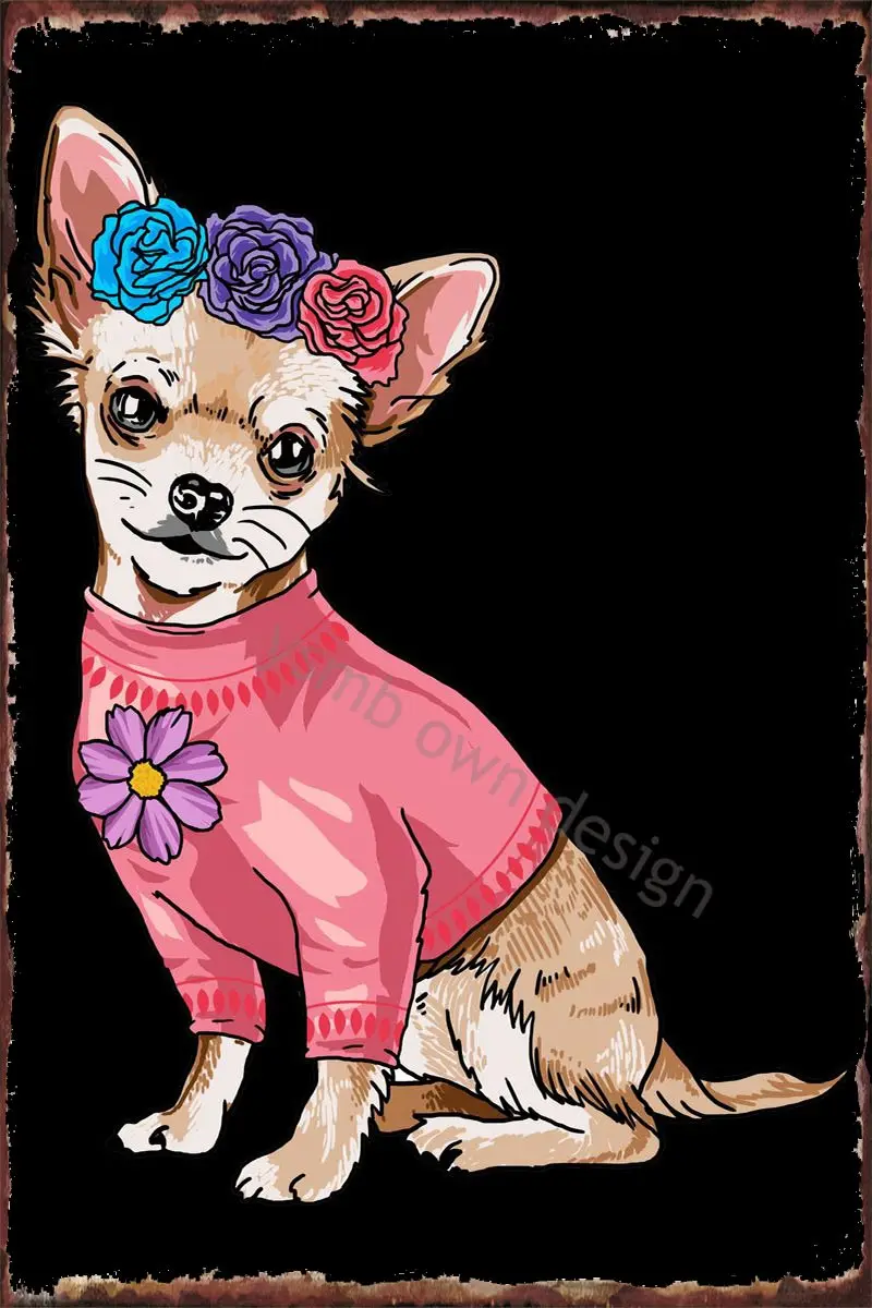 

Жестяная Табличка с изображением чихуахуа, собаки, цветочный металлический знак, Оловянная табличка, Настенный декор, ретро, винтажный стил...