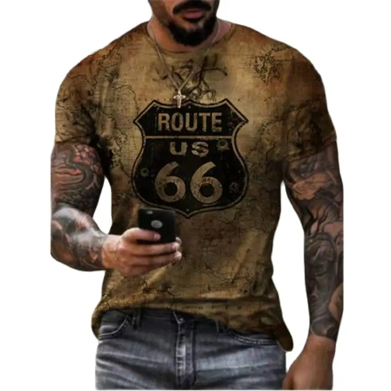 

Men's Road 66 American road T-shirt, new summer short-sleeved top, oversized retro clothing, special sale, hot 2021 hot product