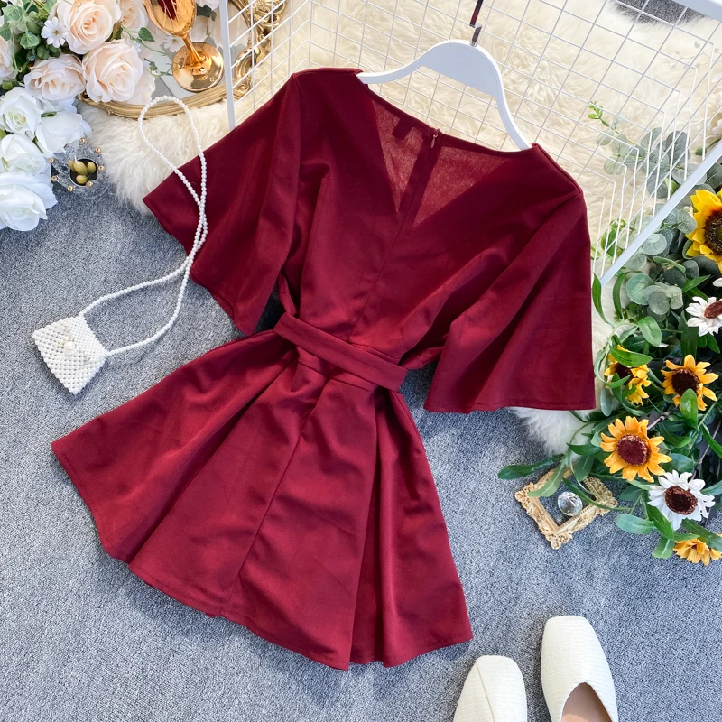 ALPHALMODA Женский Летний комбинезон с v образным вырезом и поясом сплошной цвет