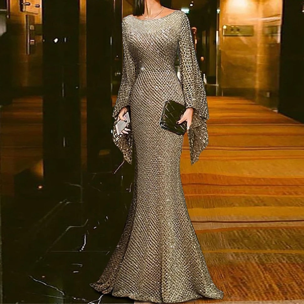 

Женское платье в европейском и американском стиле на осень и зиму, новое модное вечернее платье с длинным рукавом для выпускного вечера, веч...