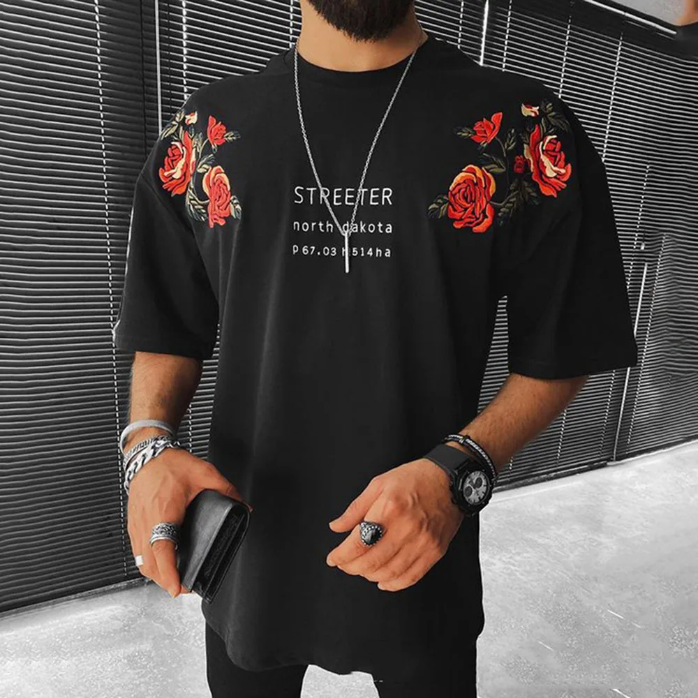 

2021 Summer New Solid Color Rose Flower Printing Letter Round Neck Summer T-shirt Loose Casual Fashion Western Style