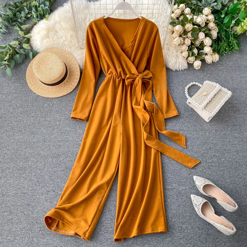 Женский комбинезон с длинным рукавом черный однотонный повседневный весна-осень