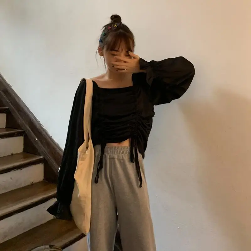 

Shirts Women Solid Square Collar Ruffles Pleated Lace-up Sweet Girls Simple All-match Causal Chic Plus Size 3XL Popular Blouses