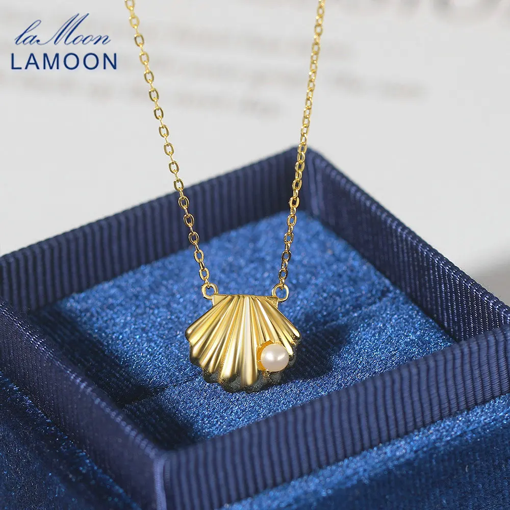 

LAMOON 925 Silver Necklace For Women Natural Freshwater Pearl Shell Pendant 14K Gold Plated Fine Jewelry Necklace korean LMNI146
