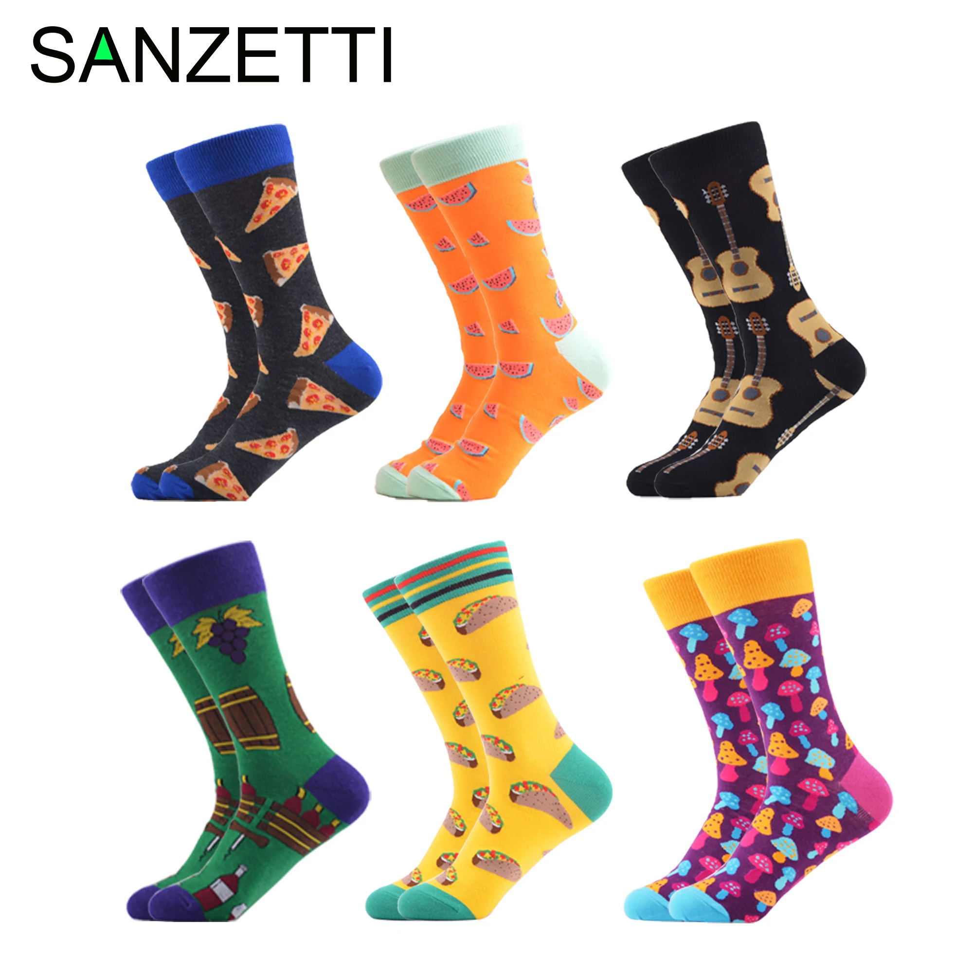 SANZETTI, 6 пар/лот, мужские Новые повседневные носки из чесаного хлопка, Разноцветные носки с забавным узором, удобные носки для свадебной вечеринки, подарок